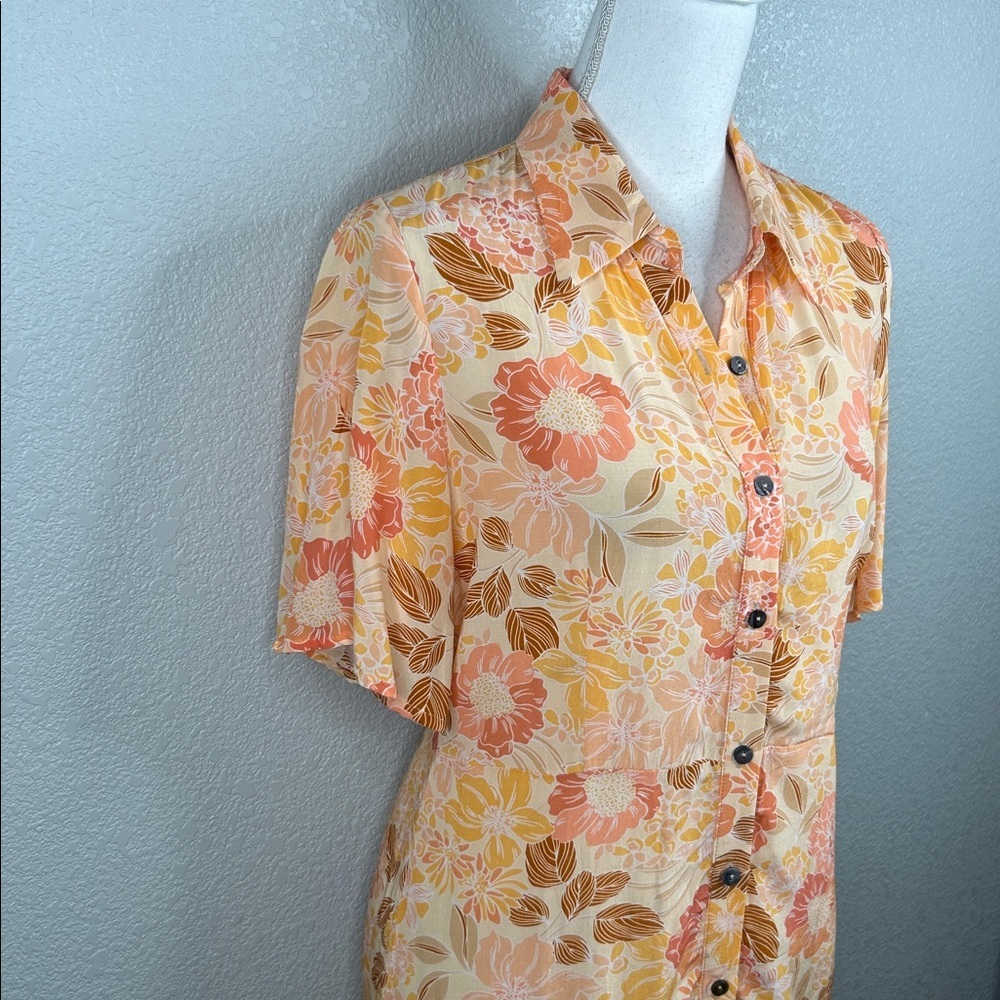 Oliveaceous Coral Orange Floral Boho Summer Casual Button Down Dress Size Small - Picture 2 of 7